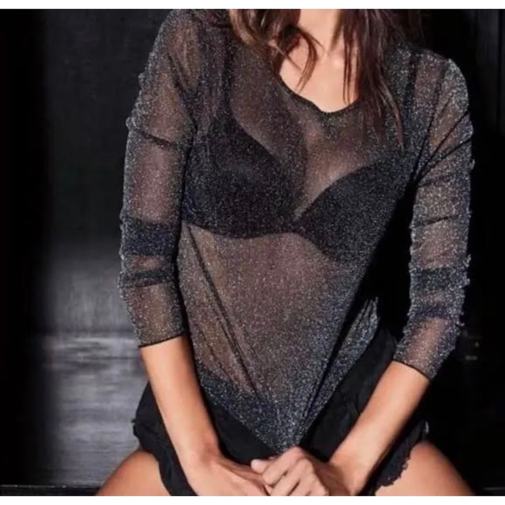 Victoria's Secret Long Sleeve Sparkly Metallic Mesh Shimmer Shirt Top Size XS